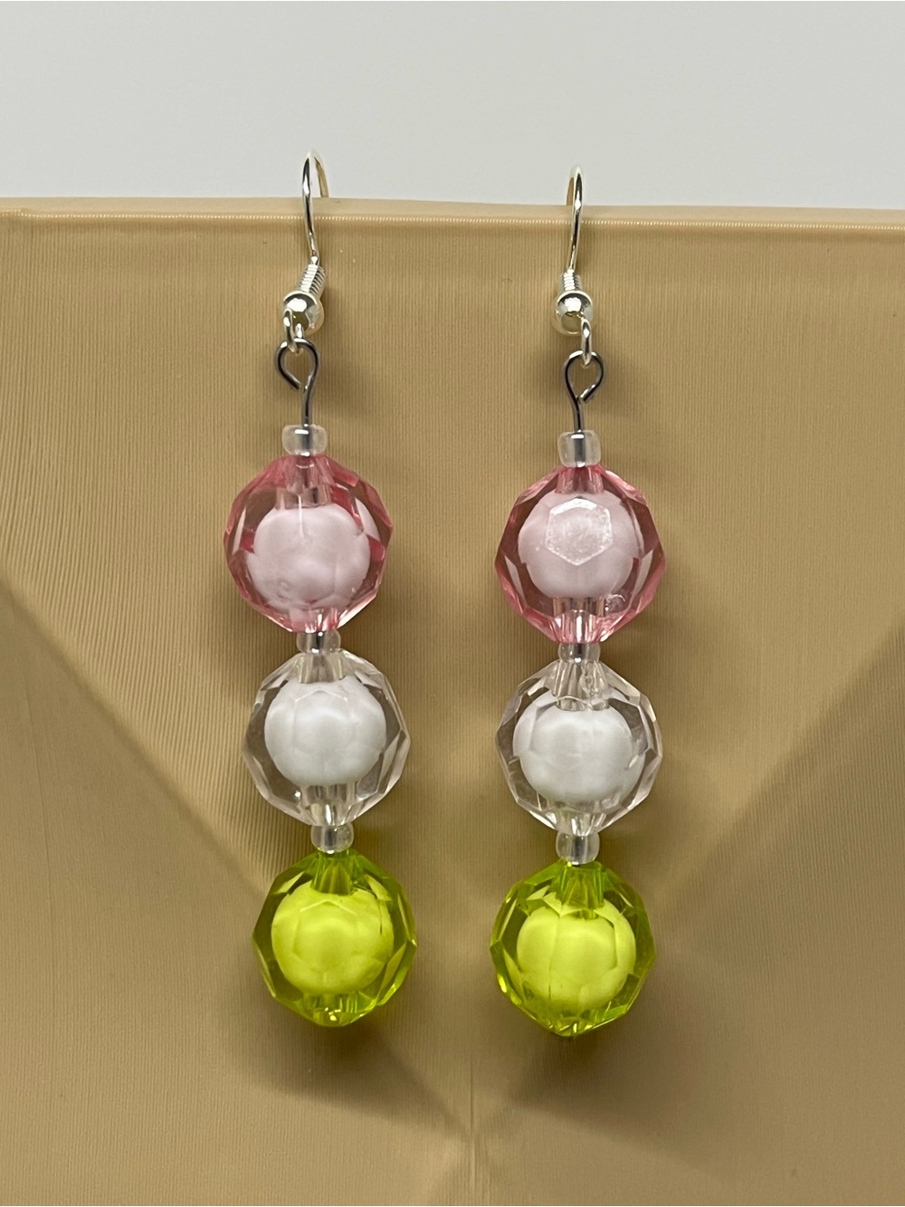 "Apple Blossom" Hand Crafted Pink, White & Lime Green Beaded Drop Earrings
